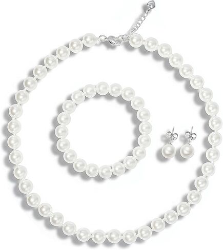 Pearl Necklace Set for Women and Girls, 8mm Glass Faux Pearl Includes Bracelet & Stud Earrings, 3-Piece Costume Jewelry Set, Wedding Bridesmaid Prom Gifts in Saudi Arabia