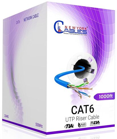 NewYork Cables Cat6 Riser Cable 1000ft Blue | 100 ٪ النحاس النقي النقي UL & ETL مدرج CMR UTP 550MHz 23AWG 4PAIR 10GB POE ++ الأكثر مصدقة عالية السرعة CAT 6 ETHERNET CABLE مربع 1000 قدم للشبكات in Kuwait