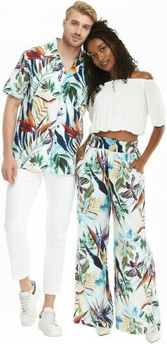 Matchable Couple Hawaiian Luau Shirt or Wide Legged Pants with Pockets in Lost in Paradise in Saudi Arabia