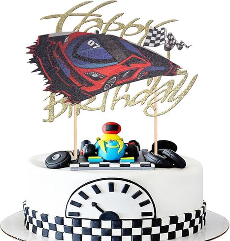 24 PCS Race Car Cupcake Toppers Glitter Traffic Light Wheel Trophy Flag Helmet Racing Car Cupcake Picks for Let's Go Racing Sports Theme Baby Shower Boys Birthday Party Cake Decorations Supplies in Kuwait
