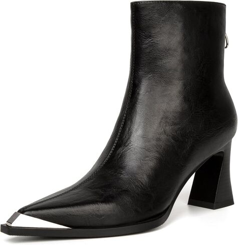 Pointed Toe Ankle Boots for Women Metal Leather Side Zipper Chunky Block Heels Comfortable Fall Booties Women Short Boots in Saudi Arabia