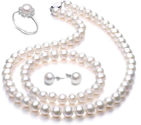 MASTOP Freshwater Cultured Pearl Necklace Ring Bracelets Earrings Set Includes Stunning Bracelet and Stud Earrings Jewelry for Women Pearl Jewelry 4pcs/Set Pearl in Saudi Arabia