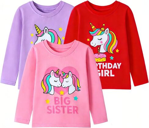 HILEELANG Toddler Girl Long Sleeve Shirt Graphic Cotton Casual Crewneck Tops, Fall Winter Layering Tees 3 Pack,2–7 Years in Saudi Arabia