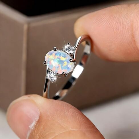 Premium Silver Plated Ring Inlaid with Opal in Egg Shape, Premium Jewelry for Women, Ideal for Daily Outfits and Special Occasions in Saudi Arabia
