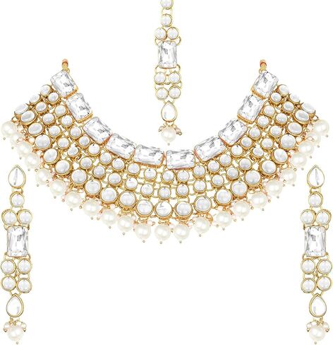Aheli Faux Kundan Choker Necklace with Earring Maang Tikka Indian Traditional Bollywood Ethnic Bridal Jewelry Set Gift for Women and Green in Saudi Arabia