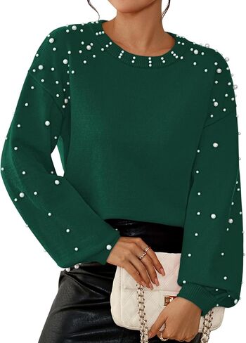 Pink Queen Pearl Sweater for Women 2025 Fashion Fall Winter Chunky Crewneck Lantern Sleeve Loose Knit Pullover Sweaters Top in Saudi Arabia