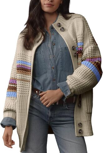 Dokotoo Womens Cardigan Sweaters Long Sleeve Casual Striped Color Block Cable Knit Fall Outfits with Pockets in Saudi Arabia