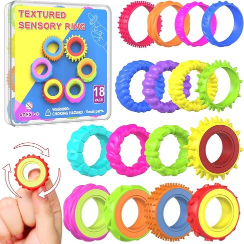 Fidget Toys Spinner Rings for Kids – Anxiety Relief Sensory Toys for Kids with Autism, ADHD Tool for Kids & Adults, Quiet Fidget Ring for Classroom Prizes & Stocking Stuffers (18 Pack Safe Rubber) in Kuwait