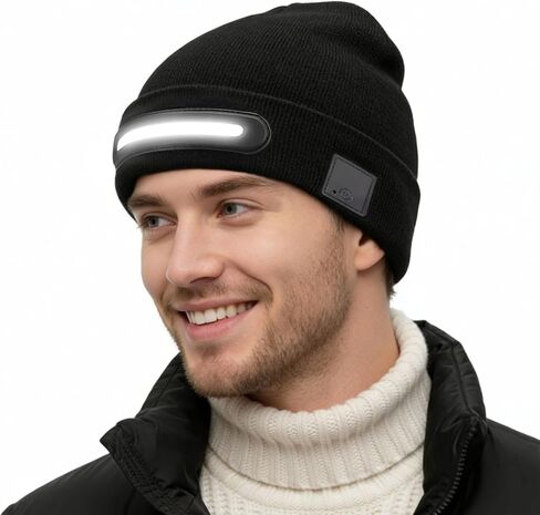 LED Beanie Hat with Light, Unisex Rechargeable Winter Warm Knitted Headlamp Caps, 3 Brightness Modes, Stocking Stuffers for Men and Women Black in Saudi Arabia