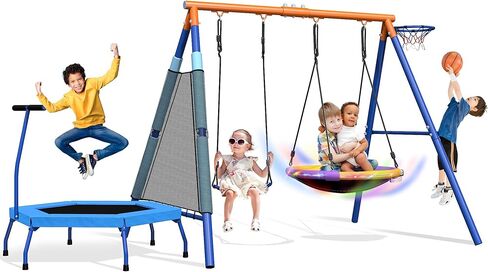 5-in-1 Kids Swing Sets for Backyard with Trampoline, 880lbs Heavy-Duty A-Frame Metal Outdoor Swing Stand with 32 inch Saucer Swing, Belt Swing, 55 inch Trampoline, Basketball Hoop, Led Light & Anchors in Saudi Arabia