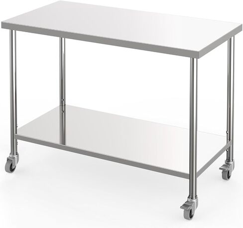 60 "× 24" طاولة الإعدادية الفولاذ المقاوم للصدأ مع عجلات قابلة للتعديل وعلم القفل | سطح عمل معدني ثنائي المستوى للمطعم أو المطبخ أو المرآب أو الاستخدام في الهواء الطلق in Kuwait