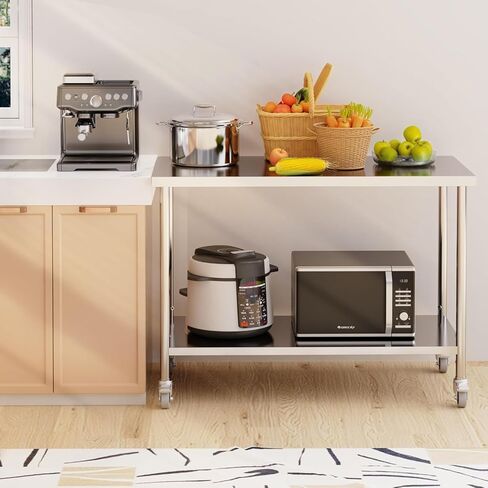 60 "× 24" طاولة الإعدادية الفولاذ المقاوم للصدأ مع عجلات قابلة للتعديل وعلم القفل | سطح عمل معدني ثنائي المستوى للمطعم أو المطبخ أو المرآب أو الاستخدام في الهواء الطلق in Kuwait