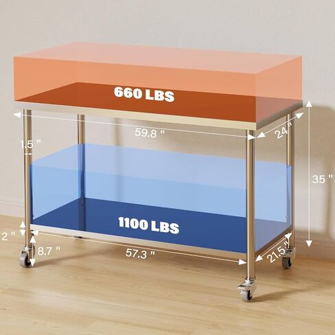 60 "× 24" طاولة الإعدادية الفولاذ المقاوم للصدأ مع عجلات قابلة للتعديل وعلم القفل | سطح عمل معدني ثنائي المستوى للمطعم أو المطبخ أو المرآب أو الاستخدام في الهواء الطلق in Kuwait