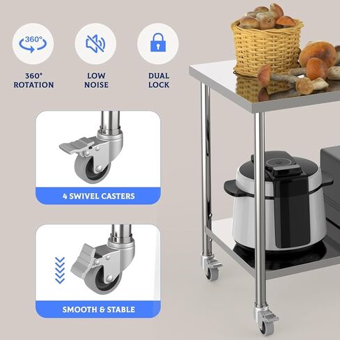 60 "× 24" طاولة الإعدادية الفولاذ المقاوم للصدأ مع عجلات قابلة للتعديل وعلم القفل | سطح عمل معدني ثنائي المستوى للمطعم أو المطبخ أو المرآب أو الاستخدام في الهواء الطلق in Kuwait