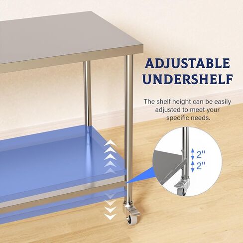 60 "× 24" طاولة الإعدادية الفولاذ المقاوم للصدأ مع عجلات قابلة للتعديل وعلم القفل | سطح عمل معدني ثنائي المستوى للمطعم أو المطبخ أو المرآب أو الاستخدام في الهواء الطلق in Kuwait