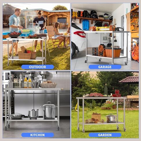 60 "× 24" طاولة الإعدادية الفولاذ المقاوم للصدأ مع عجلات قابلة للتعديل وعلم القفل | سطح عمل معدني ثنائي المستوى للمطعم أو المطبخ أو المرآب أو الاستخدام في الهواء الطلق in Kuwait