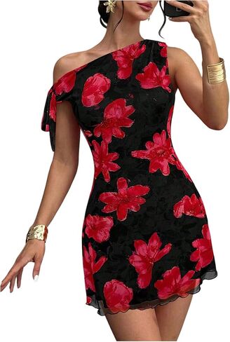 GORGLITTER المرأة غير المتكافئة هيم Bodycon فستان قصير التعادل كتف واحد الأزهار بلا أكمام الزفاف ضيف قلم رصاص فساتين قصيرة in Kuwait
