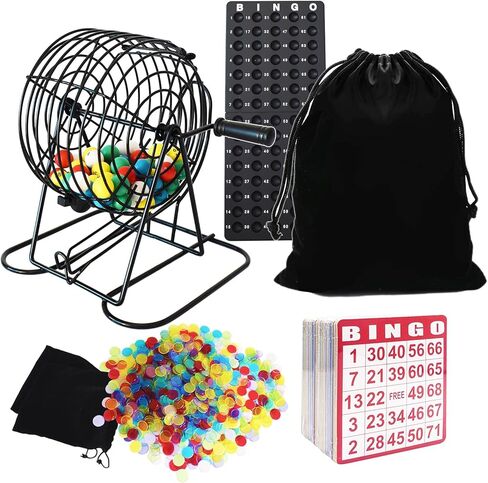 مجموعة ألعاب Bingo الكاملة - تشمل قفصًا دائريًا معدنيًا بقيمة 8 بوصات مع حقيبة تخزين كبيرة ، و 100 بطاقة Bingo ، و 1000 رقائق ملونة ، و 75 كرات ملونة ولوحة رئيسية ، مثالية للمجموعات الكبيرة in Kuwait