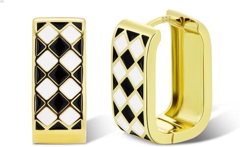 14K Gold Plated Hoop Earrings for Women Trendy Dainty Checkered Hoop Earrings White Black Enamel Sterling Silver Post Hypoallergenic Chic Checker Small Chunky Huggie Hoops Earring in Saudi Arabia
