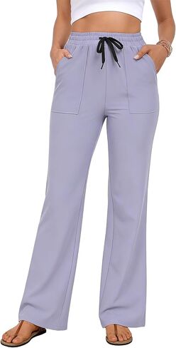 سراويل نسائية واسعة الساق سراويل كاجوال بخصر مطاطي برباط صالة العمل والسفر سراويل قصيرة مريحة in Kuwait