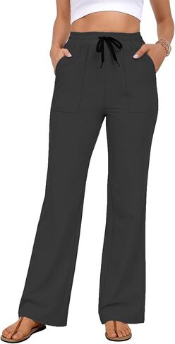 Women's Wide Leg Pants Casual Pants Elastic Waist Drawstring Lounge Work Travel Comfy Cropped Trousers Pants in Kuwait