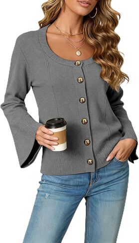 Women's Cardigan Sweater Round Neck Fitted Long Sleeve Lightweight Warm Knit Top in Kuwait