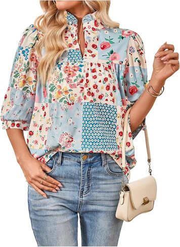 WDIRARA Women's Boho Floral Tops Half Sleeve Collared V Neck Blouse Vacation Tops in Saudi Arabia