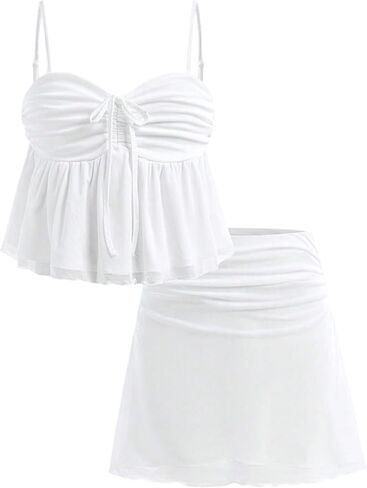 Verdusa Girl's 2 Piece Summer Outfits Bow Tie Ruffle Camisole Tops with Mini Skirt Clothing Set in Saudi Arabia