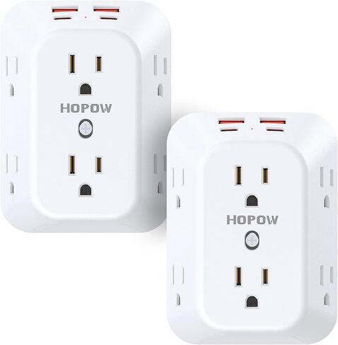 USB Wall Charger Surge Protector, HOPOW 6 Outlet Extender with 4 USB Charging Ports (2 USB C), 3-Sided 1050J Multi Plug Wall Outlet, Wall Mount for Home Travel Office, Black in Saudi Arabia