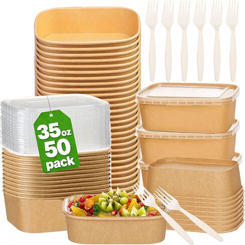 50-Pack 29oz Disposable Kraft Paper Bowls 【with Lids and Forks】, Rectangle Cardboard Meal Prep Containers,Paper Leakproof Food Containers,Soup Serving Bowl for Hot/Cold Food-Microwave Safe in Kuwait