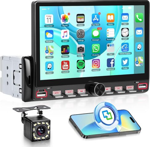 Single Din Car Stereo Wireless Carplay & Android Auto ، 6.9 "HD IPS Touchnen ، مستقبل صوت Bluetooth 5.2 ، كاميرا احتياطية ، رابط المرآة ، SWC ، FM/EQ/USB/Type-C in Kuwait