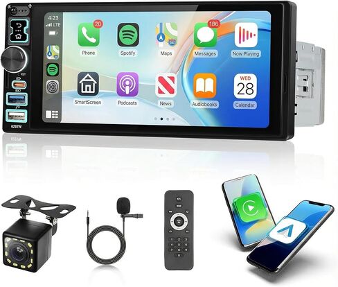 Single Din Car Stereo Wireless Carplay & Android Auto ، 6.9 "HD IPS Touchnen ، مستقبل صوت Bluetooth 5.2 ، كاميرا احتياطية ، رابط المرآة ، SWC ، FM/EQ/USB/Type-C in Kuwait