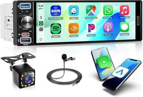 Single Din Car Stereo Wireless Carplay & Android Auto ، 6.9 "HD IPS Touchnen ، مستقبل صوت Bluetooth 5.2 ، كاميرا احتياطية ، رابط المرآة ، SWC ، FM/EQ/USB/Type-C in Kuwait