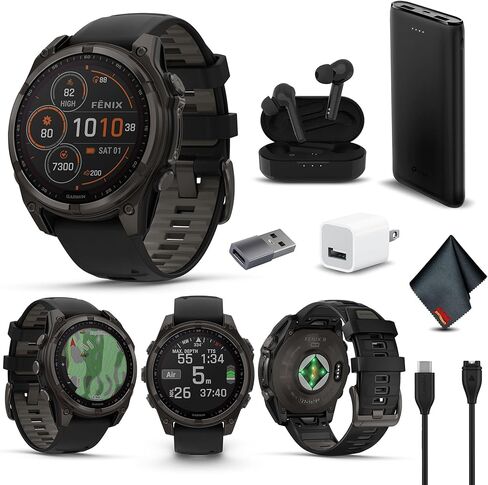 Garmin Fenix ​​8 51mm Amoled Sapphire Premium Multisport GPS Smartwatch Titanium مع شريط سيليكون برتقالي/جرافيت ، ومصباح يدوي LED ، ولياقة البدنية وصحة الحزمة الذكية للرجال والنساء in Kuwait