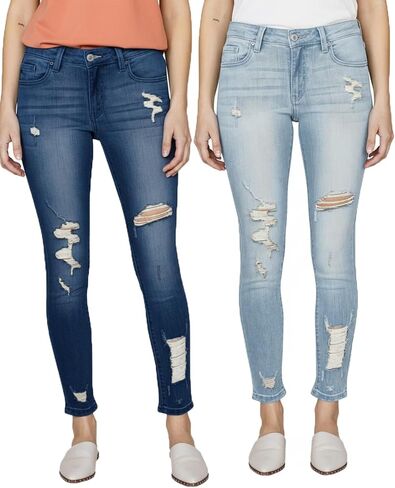 Women's Mid Waisted Jeans Trendy Distressed Stretch Ripped Butt Lift Denim Pants (Pack of 2) in Kuwait