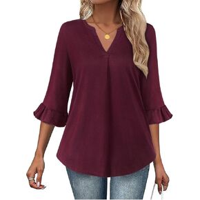 Bulotus Womens Shirts Dressy Casual, Fall Clothes for Women 2025 3/4 Length Sleeve Blouses for Elegant V Neck Ruffle Fashion Shirts to Hide Belly Casual Work Flowy Attire, Burgundy White Flowers, M in Kuwait