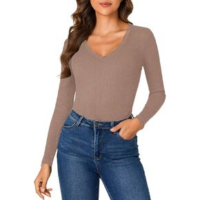 Vrtige Women's Casual Lace V Neck Long Sleeve Ribbed Fitted Blouse Shirt Top in Kuwait