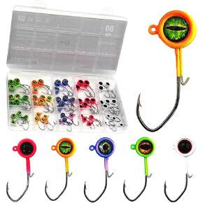 60Pcs Big Eye Crappie Jig Heads Kit, Bright Color Panfish Crappie Jigs Hook, Round Fishing Jig Head with Wired Bait Keeper 3 Sizes Assorted 1/32oz 1/16oz 1/8oz in Saudi Arabia