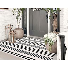 Grey and White Outdoor Rug 3'x 5' Front Porch Rug Cotton Woven Striped Rug Washable Indoor/Outdoor Area Rug Front Door Floor Mat for Farmhouse/Layered Door Mats/Living Room/Entryway in Saudi Arabia