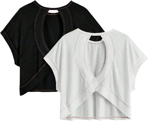 Women's 2 Packs Open Back Tops Criss Cross Cut Out Summer Casual T Shirt Crewneck Short Sleeve Backless Tee in Saudi Arabia