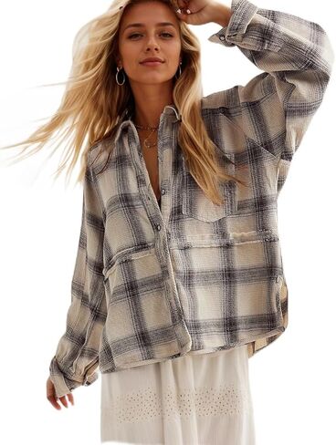 Womens Waffle Knit Plaid Shacket Boyfriend Button Down Shirt Jacket Loose Long Sleeve Tops in Saudi Arabia