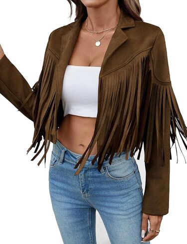 Faux Suede Leather Jacket Women Tassel Motorcycle Fringe Cropped Coats With Lining 2025 Trendy Fall Long Sleeve Cowgirl Outfits Apricot M in Kuwait