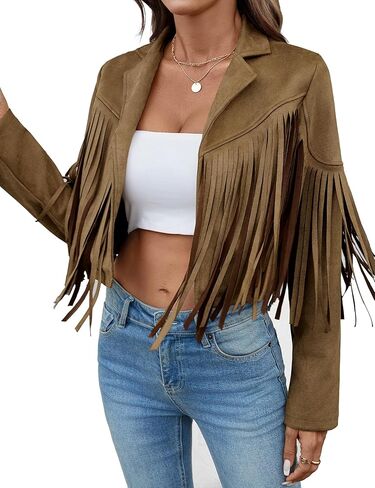 Faux Suede Leather Jacket Women Tassel Motorcycle Fringe Cropped Coats With Lining 2025 Trendy Fall Long Sleeve Cowgirl Outfits Apricot M in Kuwait
