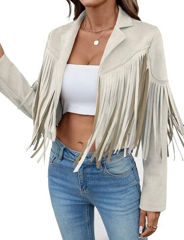 Faux Suede Leather Jacket Women Tassel Motorcycle Fringe Cropped Coats With Lining 2025 Trendy Fall Long Sleeve Cowgirl Outfits Apricot M in Kuwait