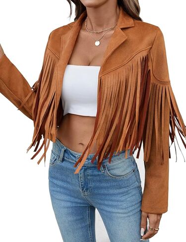 Faux Suede Leather Jacket Women Tassel Motorcycle Fringe Cropped Coats With Lining 2025 Trendy Fall Long Sleeve Cowgirl Outfits Apricot M in Kuwait