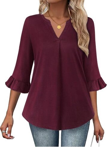 Bulotus Womens Shirts Dressy Casual, Fall Clothes for Women 2025 3/4 Length Sleeve Blouses for Elegant V Neck Ruffle Fashion Shirts to Hide Belly Casual Work Flowy Attire, Burgundy White Flowers, M in Kuwait