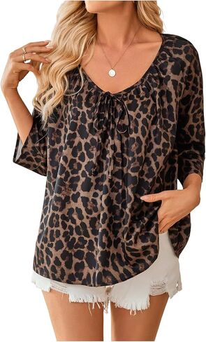 Women's Leopard Blouses Dressy Casual Tie Front V Neck 3/4 Sleeve Tops Vintage Summer Shirts in Saudi Arabia
