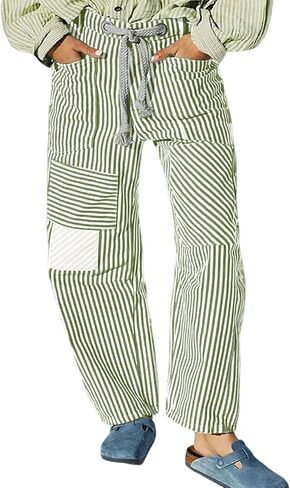 loveimgs Women Casual Boyfriend Barrel Stripe Pants Elastic Mid Rise Ankle Pants Patchwork Drawstring Pocket Wide Leg Trouser in Saudi Arabia