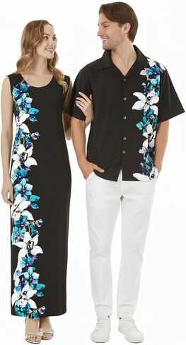 Matchable Couple Hawaiian Luau Men Shirt or Women Maxi Tank Dress in Watercolor Orchid Black Turquoise in Saudi Arabia