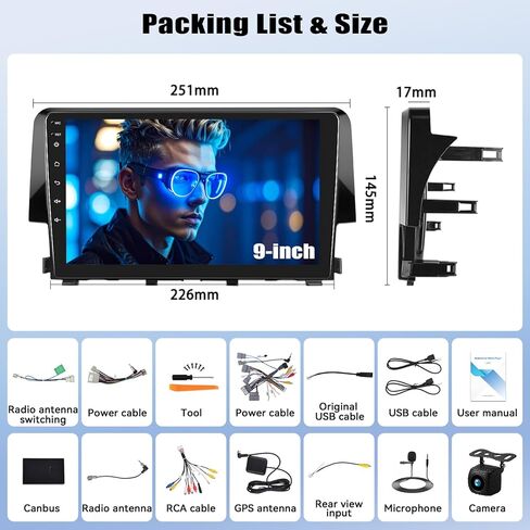 SIXWIN 2G+64G Android Car Stereo for Honda Civic 2016-2020 with Wireless Apple CarPlay Android Auto Mirror Link 9 Inch Touchscreen Honda Carplay Screen with Bluetooth FM GPS Navigation WiFi HiFi SWC in Saudi Arabia